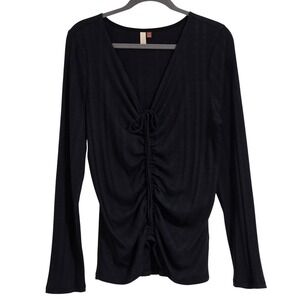 Pilcro Anthropologie Womens XL Black Ribbed Ruched Front V-Neck Long Sleeve Top